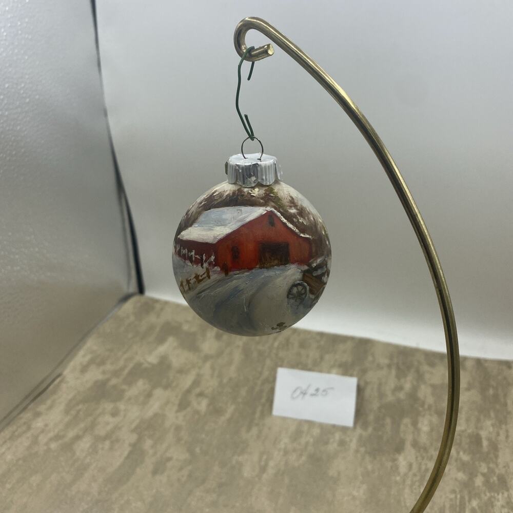Winter Scene With Barn/Tractor Hand Painted Glass Ornament Signed By Artist